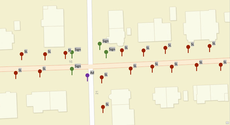 gis layer showing street asset inventory on a street map generated via AI and point cloud data