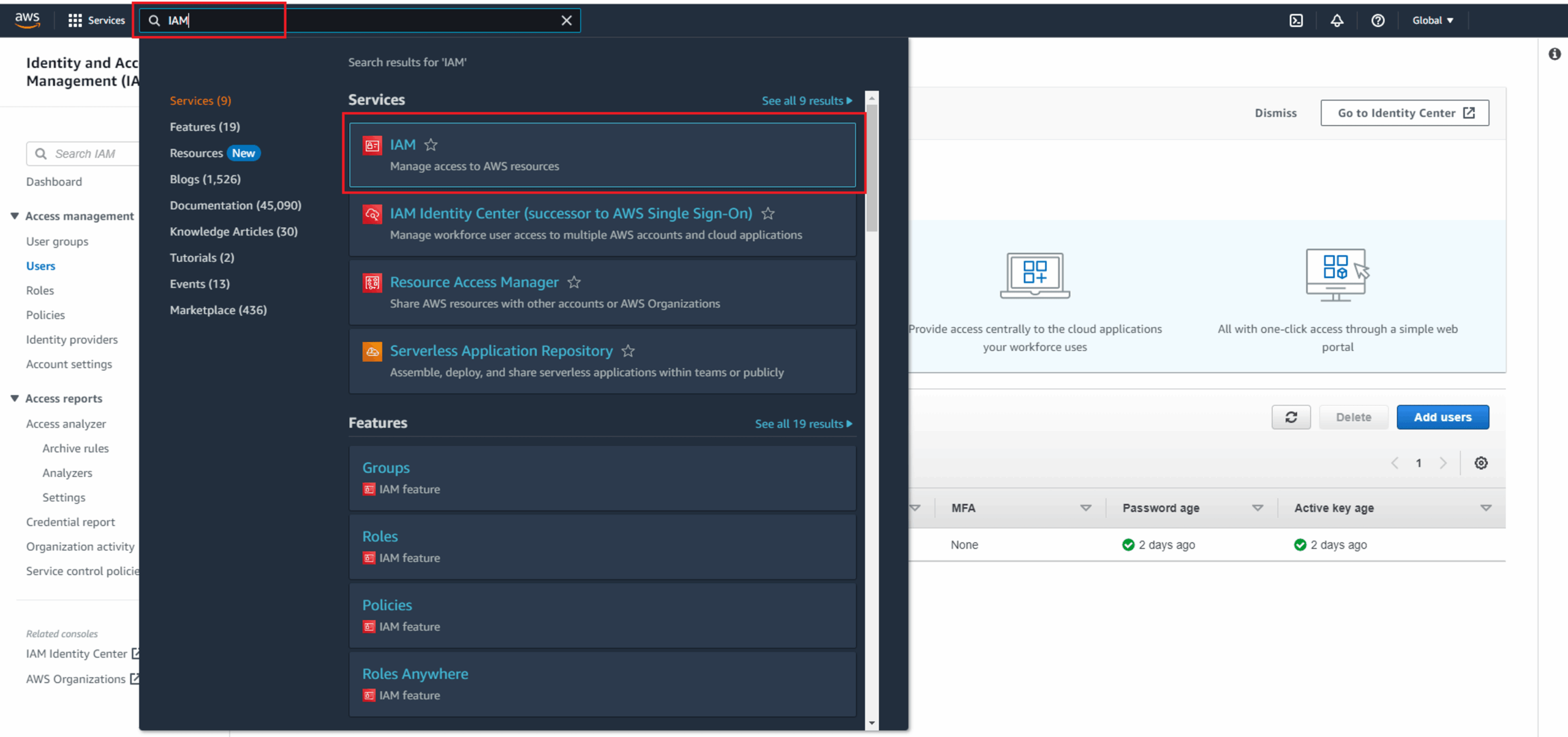Screenshot Search for IAM