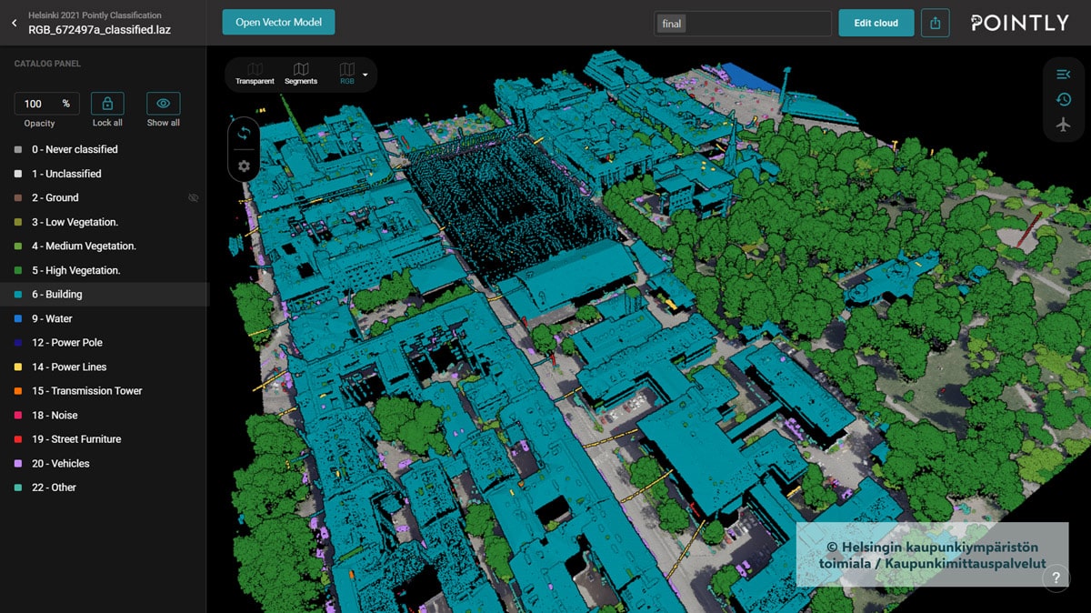 Pointly Software Screenshot showing 3D Point Cloud Scan of the City of Helsinki