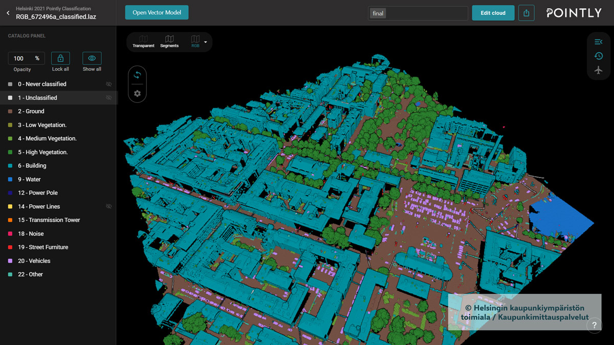 Pointly Software Screenshot showing 3D Point Cloud Scan of the City of Helsinki