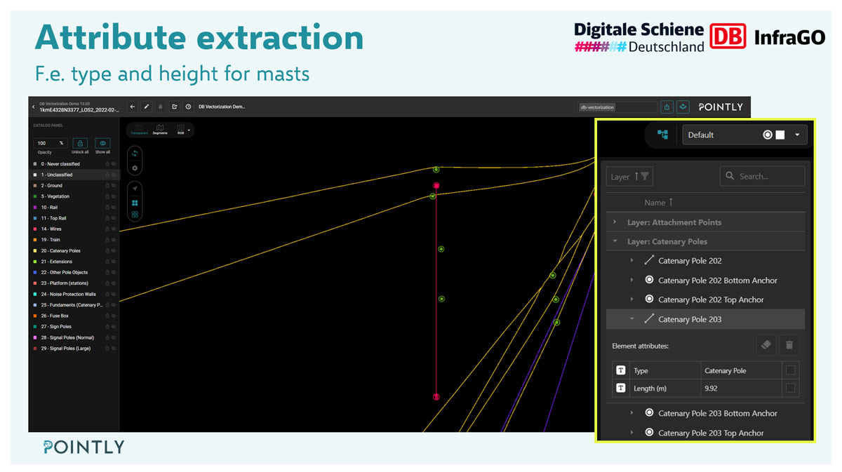 Software Screenshot showing detected 3d objects of railway infrastructure