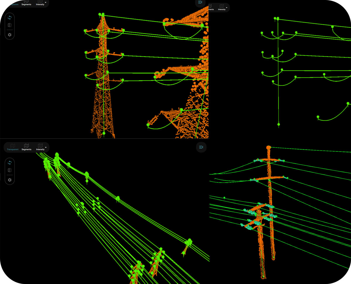 rendered 3D Point Cloud of power lines with clustered objects